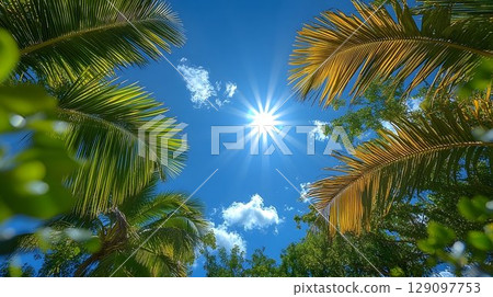 Bright sunlight through lush green leaves 129097753