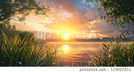 Summer Sunrise Natural Background, Background of Natural Summer Sunrise, Sunrise Landscape - Ai Generated 129097822