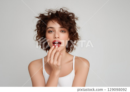 Taking white medicine pill by young pretty brunette woman with curly hair on neutral grey background Taking white medicine pill by young pretty brunette woman with curly hair on neutral grey background 129098092