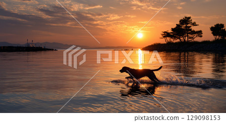 日落時分沿著湖邊奔跑：狗狗與大自然的美麗和諧 129098153