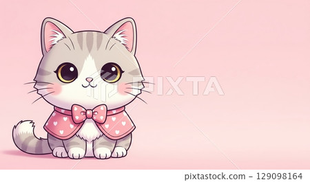 Adorable Kawaii Kitten with Polka Dot Bow Tie on a Gentle Pink Background 129098164