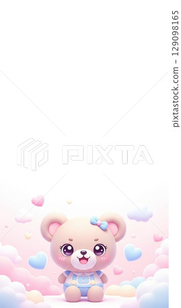 A Sweet Little Bear Cub Adorned with a Blue Bow Amidst Pastel Hearts and Clouds 129098165