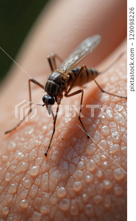 Extreme Close-Up of a Mosquito Landing on Human Skin Pores 129098226