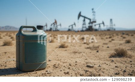 Weathered Green Fuel Canister in Dry Desert with Oil Rigs Weathered Green Fuel Canister in Dry Desert with Oil Rigs 129098239