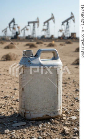 Used Plastic Container in Desert with Distant Oil Pumps 129098241