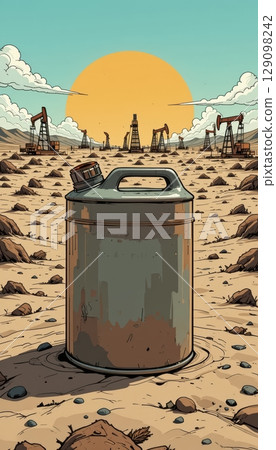 Stylized Fuel Canister in Desert Oil Field Sunset 129098242