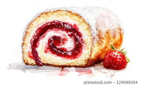 草莓果醬捲蛋糕水彩插圖_1 129098264