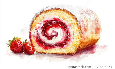草莓果醬捲蛋糕水彩插圖_2 129098265