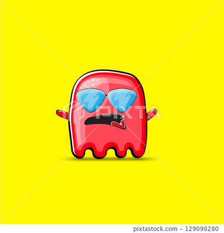 Funny cute smiling red ghost monster isolated on yellow background. Hand drawn cartoon red ghost character with eyes and mouth , cute emoji. Funky Halloween spirit element. 129098280