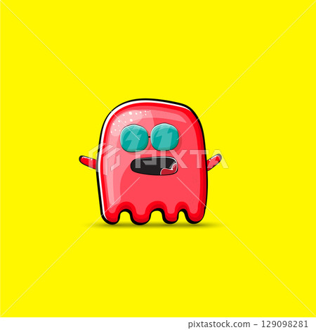 Funny cute smiling red ghost monster isolated on yellow background. Hand drawn cartoon red ghost character with eyes and mouth , cute emoji. Funky Halloween spirit element. 129098281