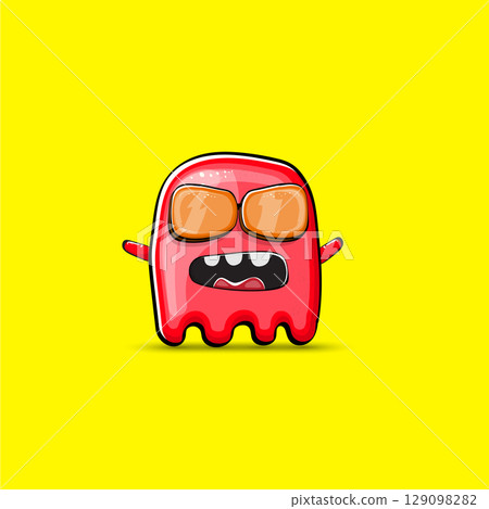 Funny cute smiling red ghost monster isolated on yellow background. Hand drawn cartoon red ghost character with eyes and mouth , cute emoji. Funky Halloween spirit element. Funny cute smiling red ghost monster isolated on yellow background. Hand drawn cartoon red ghost character with eyes and mouth , cute emoji. Funky Halloween spirit element. 129098282