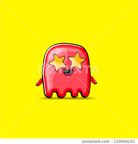 Funny cute smiling red ghost monster isolated on yellow background. Hand drawn cartoon red ghost character with eyes and mouth , cute emoji. Funky Halloween spirit element. Funny cute smiling red ghost monster isolated on yellow background. Hand drawn cartoon red ghost character with eyes and mouth , cute emoji. Funky Halloween spirit element. 129098283