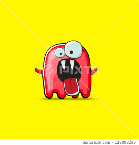 Funny cute smiling red ghost monster isolated on yellow background. Hand drawn cartoon red ghost character with eyes and mouth , cute emoji. Funky Halloween spirit element. 129098286