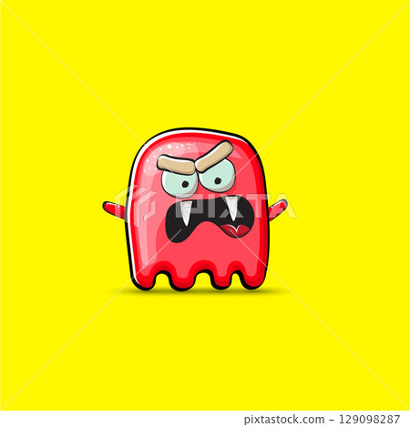 Funny cute smiling red ghost monster isolated on yellow background. Hand drawn cartoon red ghost character with eyes and mouth , cute emoji. Funky Halloween spirit element. 129098287