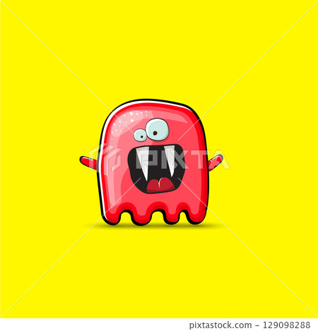Funny cute smiling red ghost monster isolated on yellow background. Hand drawn cartoon red ghost character with eyes and mouth , cute emoji. Funky Halloween spirit element. Funny cute smiling red ghost monster isolated on yellow background. Hand drawn cartoon red ghost character with eyes and mouth , cute emoji. Funky Halloween spirit element. 129098288