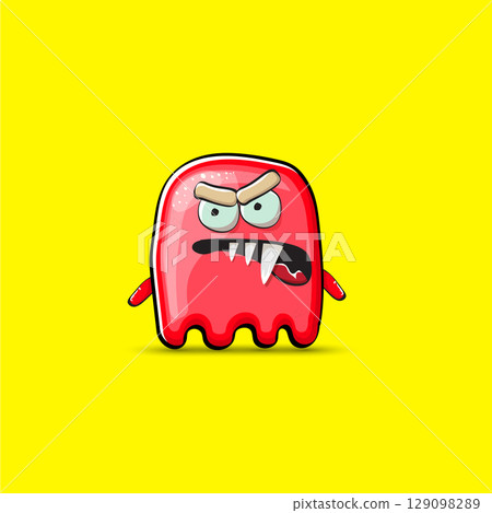 Funny cute smiling red ghost monster isolated on yellow background. Hand drawn cartoon red ghost character with eyes and mouth , cute emoji. Funky Halloween spirit element. Funny cute smiling red ghost monster isolated on yellow background. Hand drawn cartoon red ghost character with eyes and mouth , cute emoji. Funky Halloween spirit element. 129098289