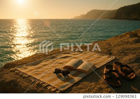 Serene Beach Sunset Scene with Book, Sunglasses, and Sandals on Sand 129098361