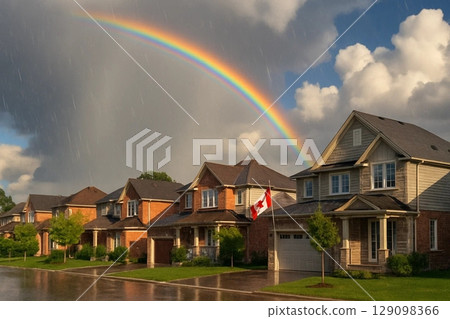 Vibrant Rainbow Arching Over Suburban Homes with Canadian Flag Vibrant Rainbow Arching Over Suburban Homes with Canadian Flag 129098366