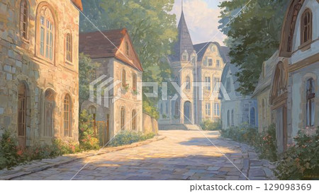 A quiet residential area lined with medieval European-style buildings_2 129098369