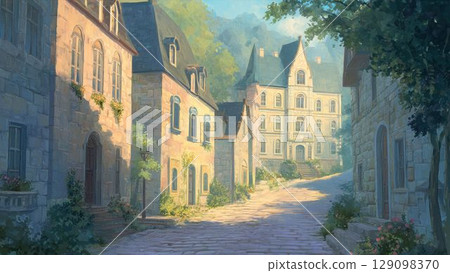 A quiet residential area lined with medieval European-style buildings_1 129098370