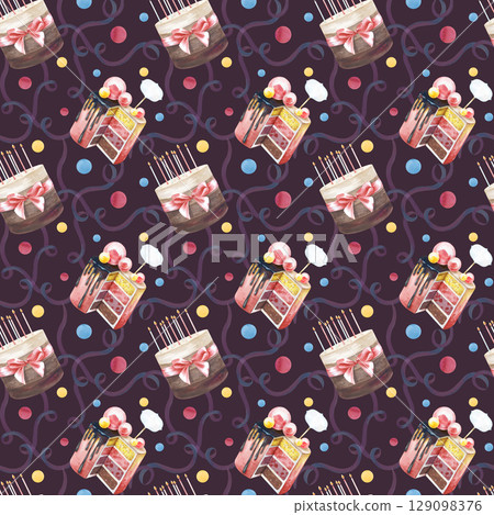 Seamless holiday pattern, hand-drawn. Watercolor illustration with cakes, candles, ribbons, confetti on a dark background. Seamless background for packaging, scrapbooking, wallpaper, wrapping paper. 129098376