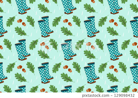 Autumn theme seamless pattern design with, polka dots rubber boots, green oak leaves and acorn nuts on blue rainy sky background. Perfect for seasonal designs or textiles 129098432