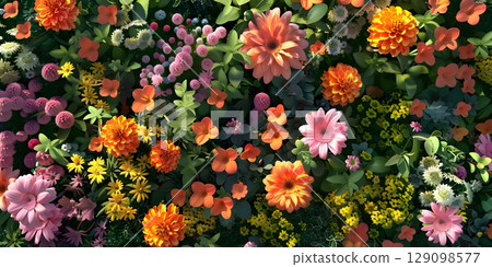 Colorful spring flowers background, Top view - Ai Generated 129098577