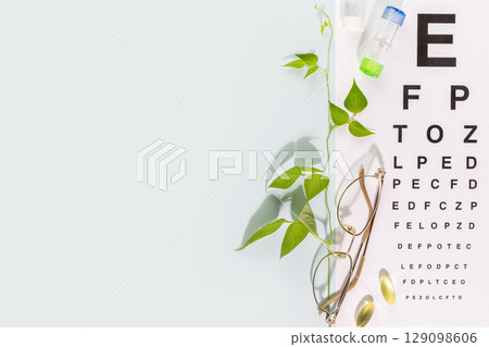 Eyeglasses, containers with contact lenses, vitamins and Snellen table for vision testing on blue background with green leaves and copy space. Concept of eyecare, eye treatment and good vision Eyeglasses, containers with contact lenses, vitamins and Snellen table for vision testing on blue background with green leaves and copy space. Concept of eyecare, eye treatment and good vision 129098606