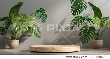 3d render of minimal display podium with tropical leaves and plants background - Ai Generated 129098665