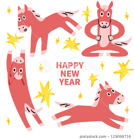 New Year greeting illustration containing red horse characters in various poses New Year greeting illustration containing red horse characters in various poses 129098716