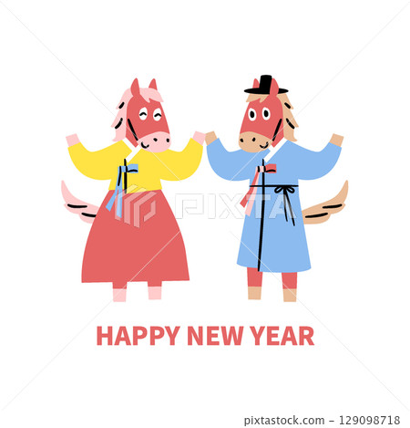 Red horse character wearing hanbok sending New Year greetings illustration 129098718
