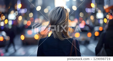 Beautiful young woman walking in the city at night Blurred background - Ai Generated 129098719