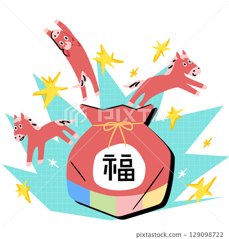 New Year illustration showing red horses coming out of a lucky bag 129098722