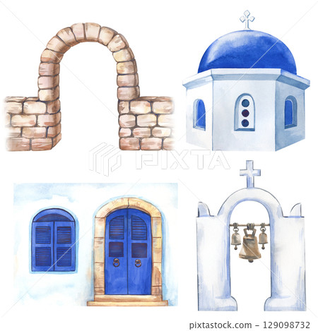 A set of architectural historical elements of Greece, hand-drawn. The watercolor illustration is isolated on a white background. A template for travel booklets, postcards, and scrapbooking. 129098732