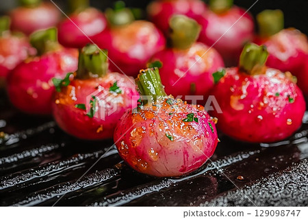 Grilled radish seasoned with spices and herbs on a barbecue grill 129098747