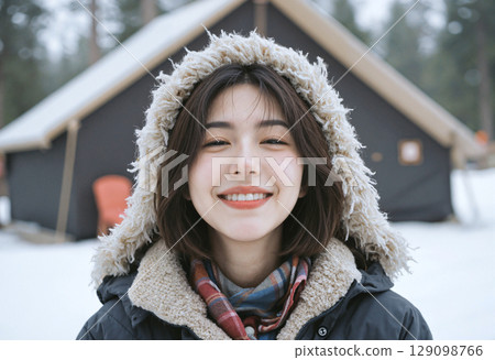 身著冬裝的年輕女子在雪景露營地微笑 129098766