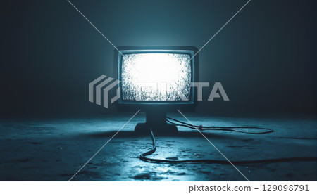 一台 CRT 電視漂浮在黑暗中，在一片恐怖的寂靜中 129098791