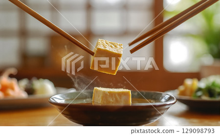 日式早餐的場景：用筷子夾起熱氣騰騰的煎蛋捲 129098793