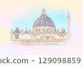 St. Peter's Cathedral, Rome, Italy. Hand drawn illustration isolated on pastel background. Saint Pietro Basilica at Vatican. 129098859