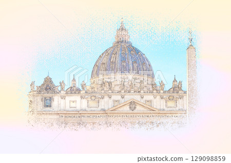 St. Peter's Cathedral, Rome, Italy. Hand drawn illustration isolated on pastel background. Saint Pietro Basilica at Vatican. 129098859