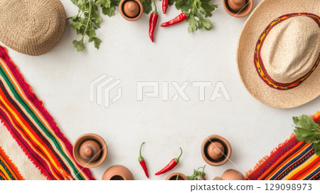 Cinco de Mayo festive frame with chili peppers, sombrero, clay pots and copy space background 129098973