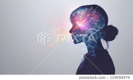 Double exposure of female neuroscientist with AI concept, digital brain, background 129098979