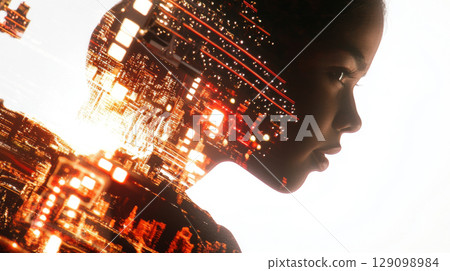 Double exposure of young Latina filmmaker with urban cityscape background 129098984