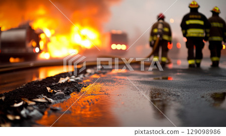 Fire truck wheel with active fire scene in background 129098986