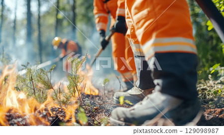 Firefighters in forest battling wildfire under emergency conditions Firefighters in forest battling wildfire under emergency conditions 129098987