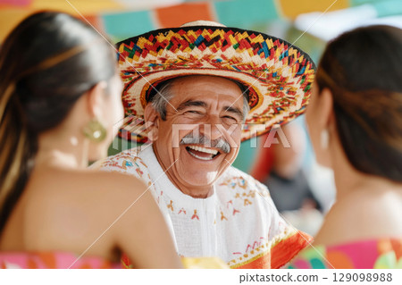 Mexican family smiling together at home with elderly man in sombrero and happy girls 129098988