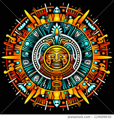 Mexican aztec sun stone with tribal face and...-插圖素材 [129099030] - PIXTA圖庫