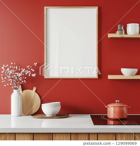 Mockup artist canvas in vertical format on red background. format front view. Frame for design Mockup artist canvas in vertical format on red background. format front view. Frame for design 129099069