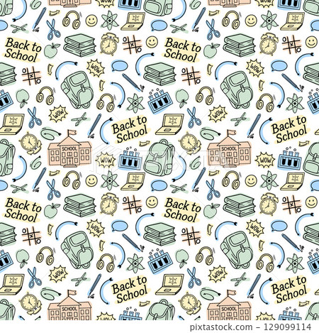 Back to school seamless vector pattern. Pattern school supplies. Vector illustration. Hand-Drawn doodle sketch, Flat design. Multicolored elements 129099114