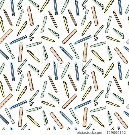 Seamless vector pattern with stationery. School supplies on white background. Back to school. Vector illustration. Hand-Drawn doodle sketch, Flat design. Multicolored elements 129099132